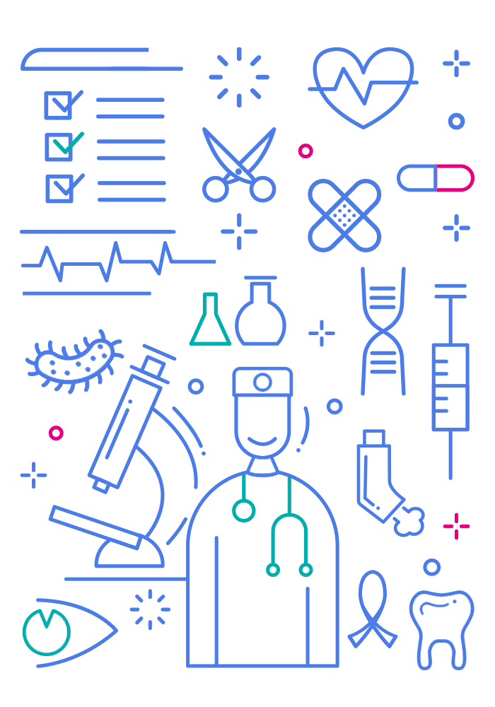 Le logo Merci au Savoir d’ici et d’ailleurs apparaît au-dessus d’une silhouette simplifiée de médecin et d’autres illustrations qui évoquent le domaine médical.