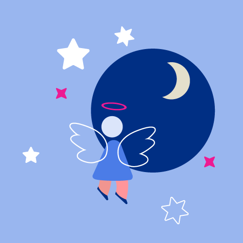 Silhouette d’un enfant muni d’ailes, volant parmi la lune et les étoiles.